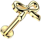 316L Internally Threaded Flat Back Labret Ribbon Bow Top 16GA Goldstone