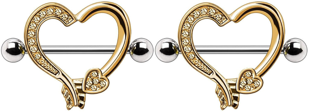Gold Plated Arrow Heart Nipple Shield Ring 14GA 19mm