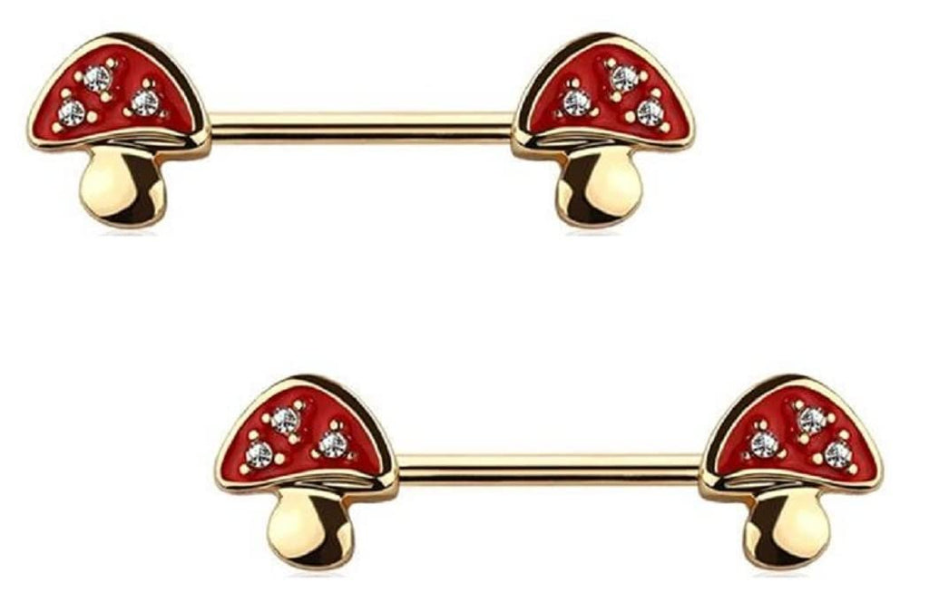 Body Accentz Crystal Studded Mushroom Nipple Bar, 14GA Surgical Steel, 9/16 inch Length, Gold