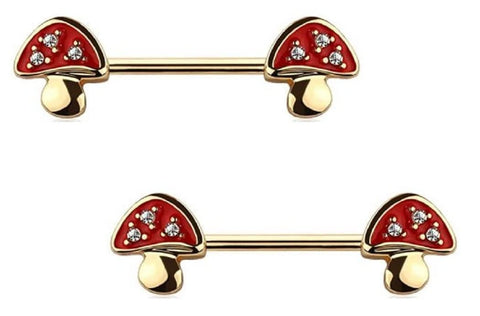 Body Accentz Crystal Studded Mushroom Nipple Bar, 14GA Surgical Steel, 9/16 inch Length, Gold