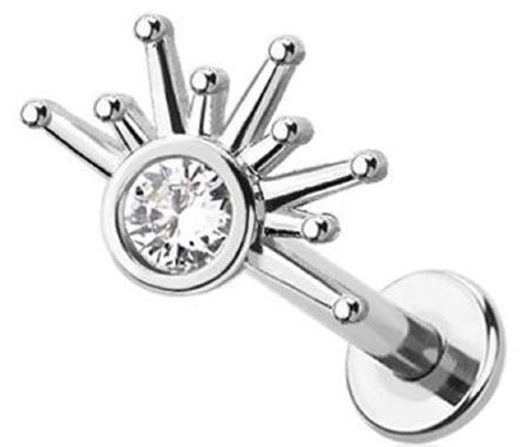 Surgical Steel Starburst Crystal Labret Stud, 18GA 1.0MM, 5/16 Inch Push-In Threadless Body Piercing Jewelry