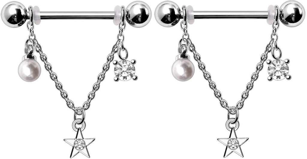 14GA 316L Stainless Steel Nipple Rings with Chain Star & Pearl