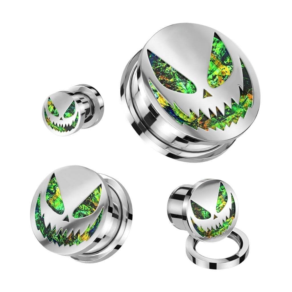 Body Accentz Ear Plug Alien Smile Green Opal Glitter 316L Surgical Steel Screw Fit Tunnel 00g