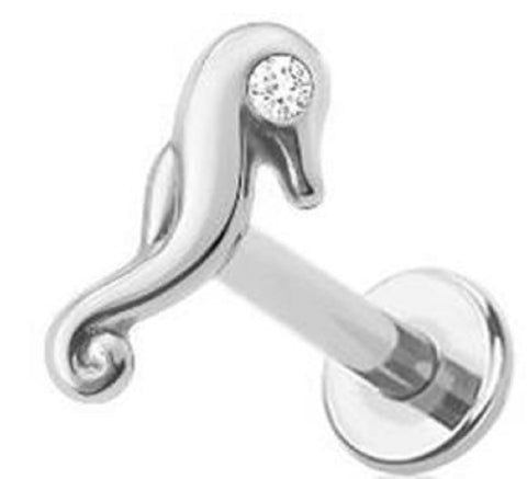 Body Accentz 316L Surgical Steel Seahorse Labret Stud, 18GA 5/16 inch, CZ Crystal Push-In Threadless
