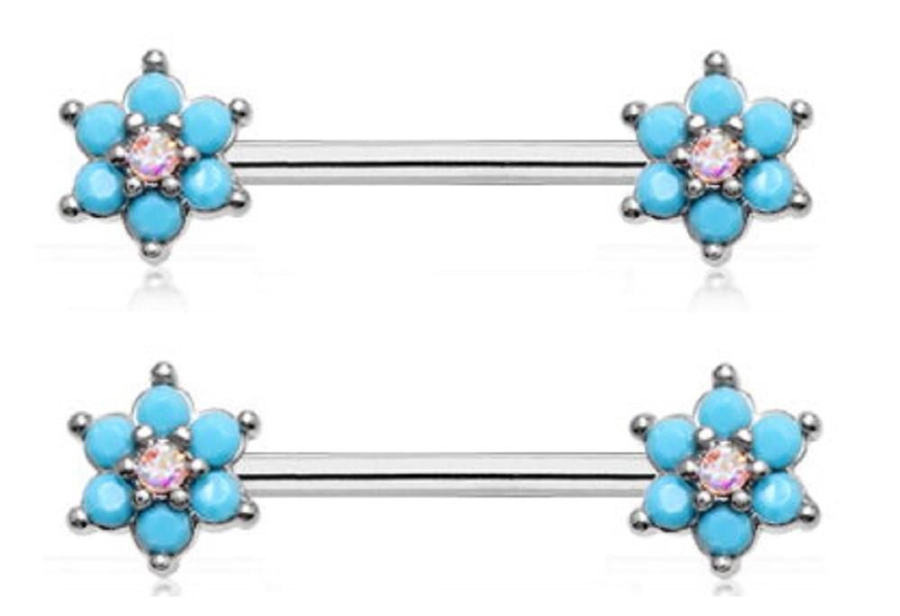 Nipple Shield Rings Turquoise Spring Flower Sparkle Prong Set pair 14g 5/8''