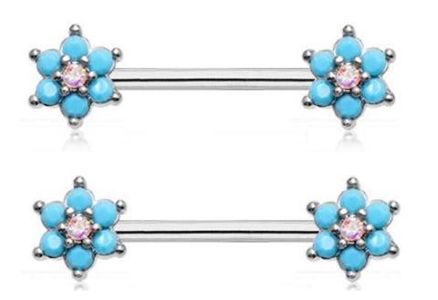 Nipple Shield Rings Turquoise Spring Flower Sparkle Prong Set pair 14g 5/8''