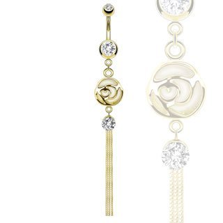 Body Accentz&reg; Belly Button Ring 316L Surgical Steel Gold IP Rose Pronged Tiger Eye Gem Dangle Navel Ring Dangle 14 Gauge 3/8"