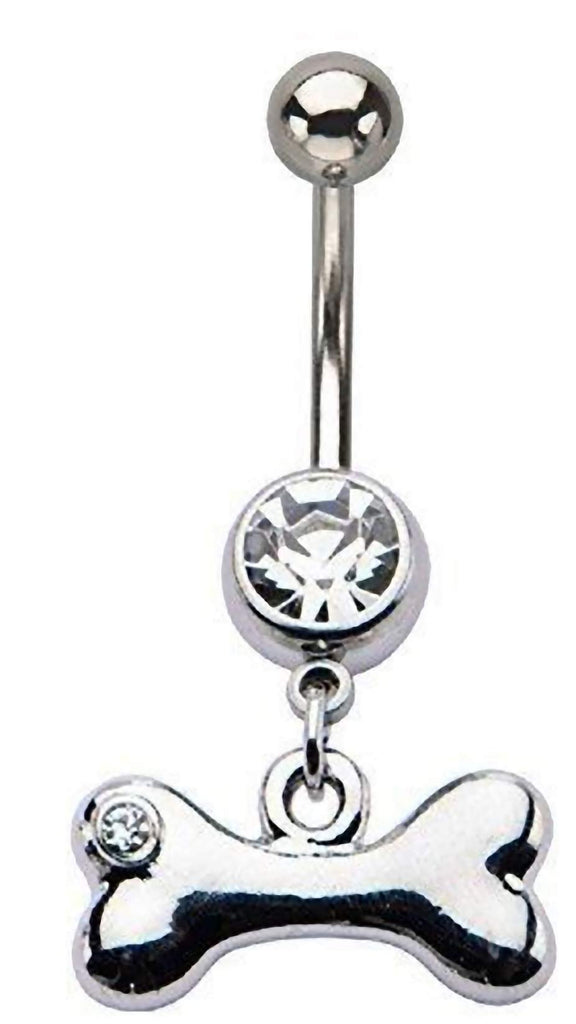 Belly Button Ring 14g 7/16's Navel with Clear Gem Dog Bone Dangle Charm