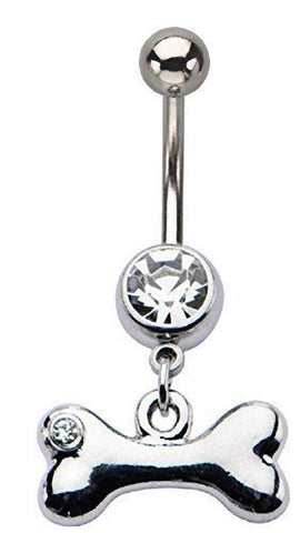 Belly Button Ring 14g 7/16's Navel with Clear Gem Dog Bone Dangle Charm