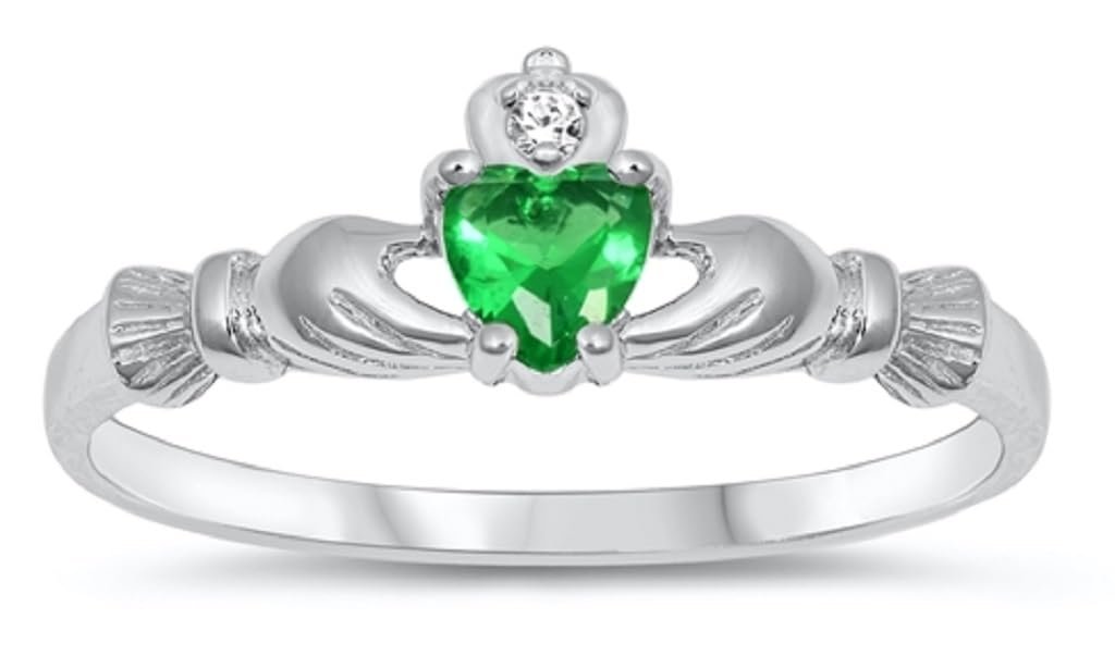 STERLING SILVER RING W/CZ Faux Emerald Faux Emerald Claddagh pinky ring Size 3