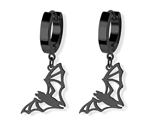 Body Accentz Pair of 316L Stainless Steel Huggie Hoop Earrings with a Bat Dangle