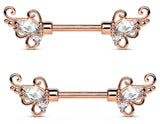 Body Accentz Nipple Ring CZ Set Floral Filigree Ends 316L Surgical Steel Barbells Bar pair