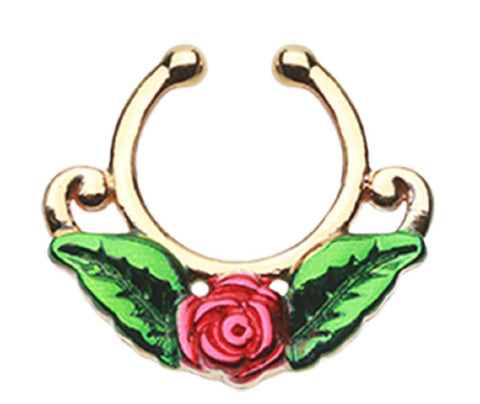 Body Accentz Septum Golden Rose Blossom Icon Fake Septum Clip-On Ring Non Pierce