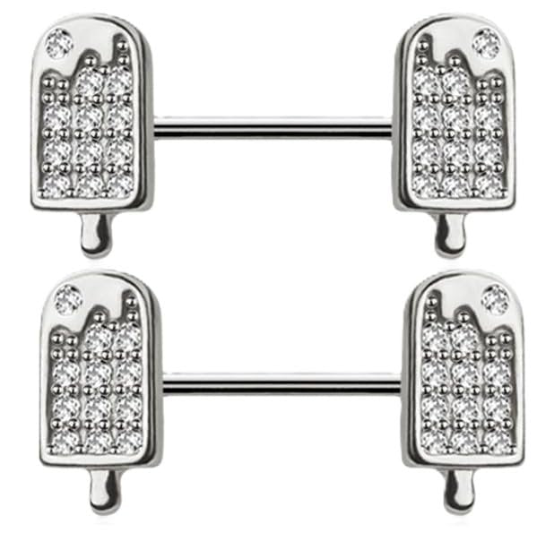 Body Accentz Surgical Steel Nipple Bars with Crystal Popsicle Design, 14GA, 9/16 inch Length, Silver