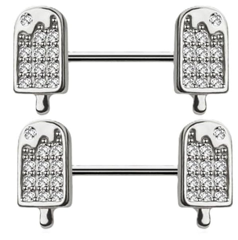 Body Accentz Surgical Steel Nipple Bars with Crystal Popsicle Design, 14GA, 9/16 inch Length, Silver