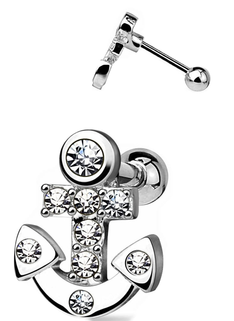 Tragus Barbell CZ Paved Anchor 316L Surgical Steel Cartilage Bar 16g