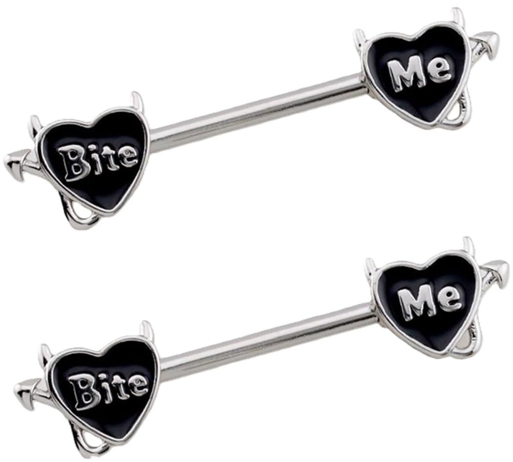 316L Surgical Steel Nipple Ring Barbell, 'Bite Me' Devil Heart Design, 14GA, 9/16" Length, 2 Piece Set