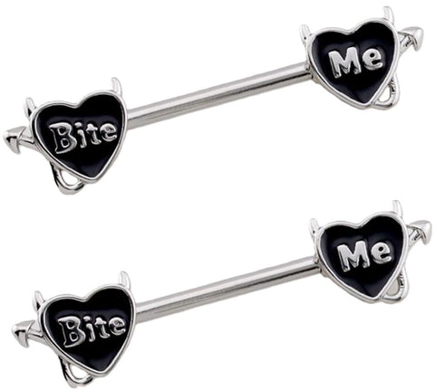 316L Surgical Steel Nipple Ring Barbell, 'Bite Me' Devil Heart Design, 14GA, 9/16" Length, 2 Piece Set