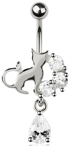 Body Accentz Surgical Steel Cat Belly Button Ring, 14G, Crystal CZ Dangle, 3/8 Inch Length