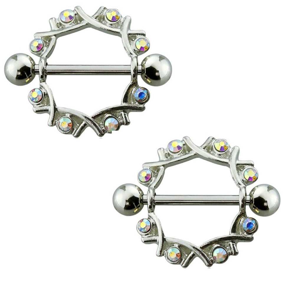 Body Accentz Nipple Ring Gem Embedded Filigree 316L Surgical Steel Nipple Shield Pair