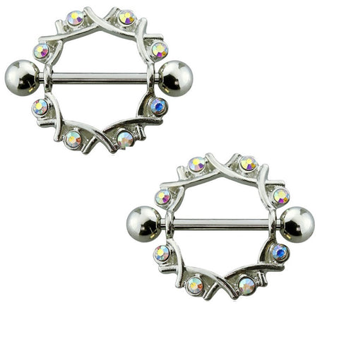 Body Accentz Nipple Ring Gem Embedded Filigree 316L Surgical Steel Nipple Shield Pair