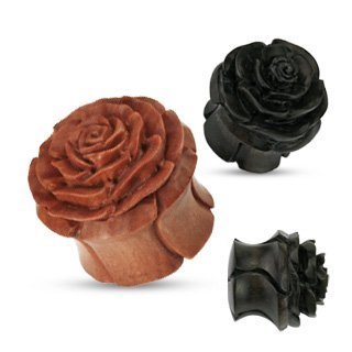 Earrings Rings Organic Wood Full Bloom Rosebud Handcarved Double Flared Plug