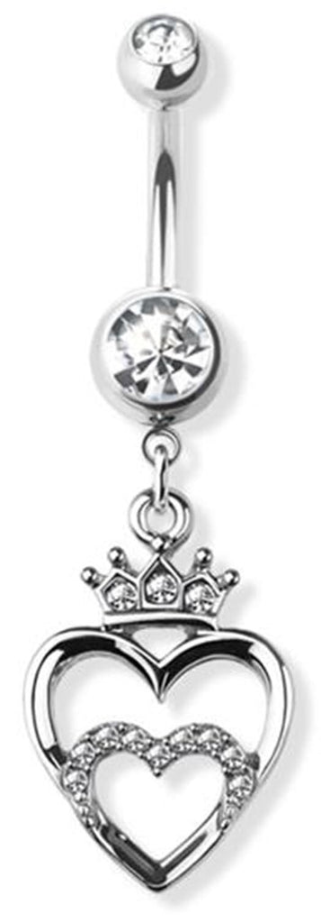 Body Accentz Crystal Double Heart Crown Belly Button Ring, Silver Dangle Navel Barbell with Rhinestones