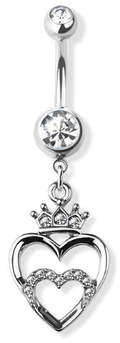Body Accentz Crystal Double Heart Crown Belly Button Ring, Silver Dangle Navel Barbell with Rhinestones