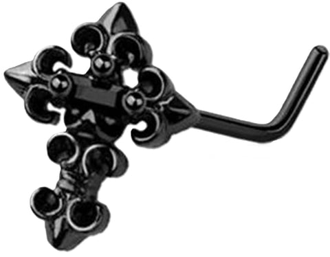 Black Fleur De Lis Cross L-Shape Nose Ring 316L Surgical Steel