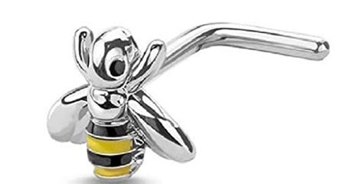 Body Accentz 20 Gauge Buzz Bumble Bee L-Shape Nose Stud All 316L Surgical Steel (Silvertone crv)