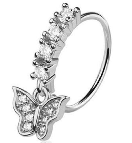 Body Accentz CZ Butterfly Dangle Stainless Steel Petite Nose Hoop