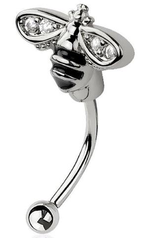 Body Accentz 316L Surgical Steel Curved Barbell Eyebrow Ring, Crystal CZ Bee Design, 16GA 8mm Length, 3mm Ball Size