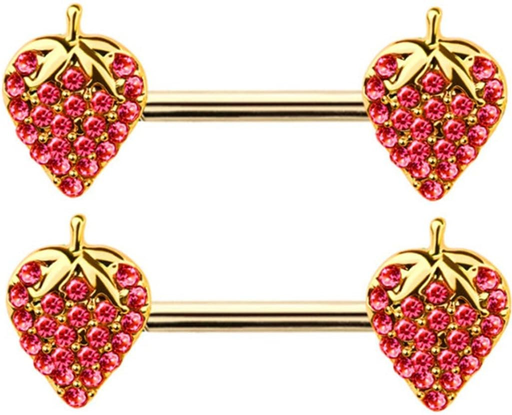 Body Accentz Gem Paved Strawberry Charm 316L Surgical Steel Nipple Bar, Gold Tone with Pink Crystals, 14GA 9/16 Inch, 2 Pack