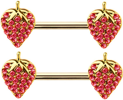 Body Accentz Gem Paved Strawberry Charm 316L Surgical Steel Nipple Bar, Gold Tone with Pink Crystals, 14GA 9/16 Inch, 2 Pack