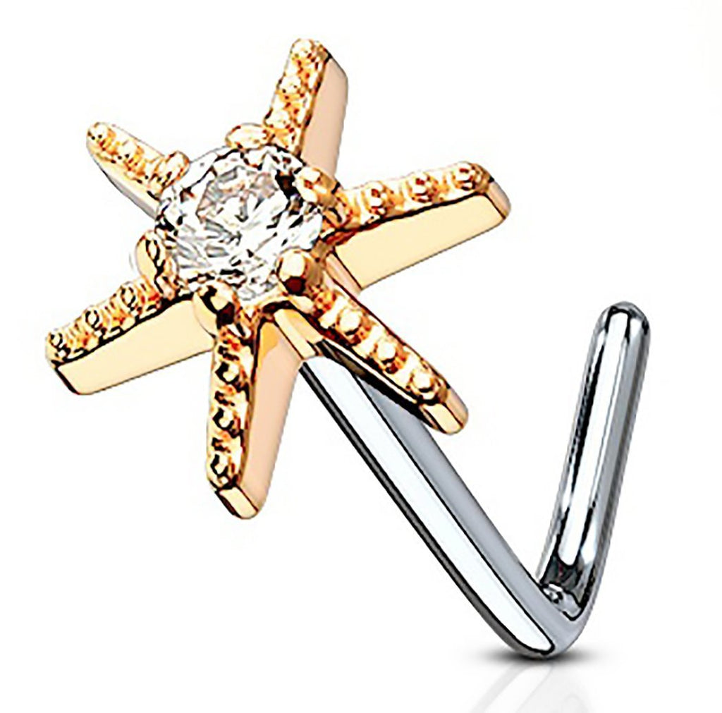 Body Accentz Nose Ring 20g 6mm CZ Centered Starburst 316L Surgical Steel L Bend Stud