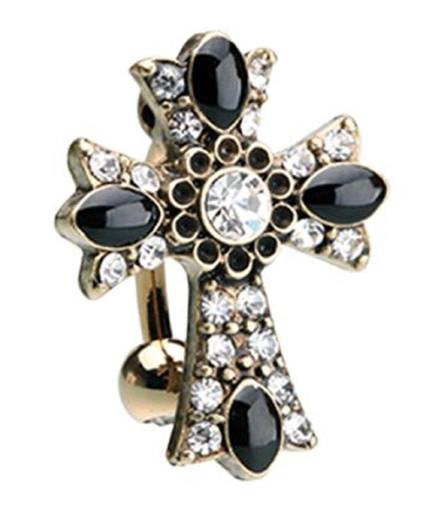 Body Accentz Belly Button Ring Navel Golden Antique Cross Drop Top Reverse 14g