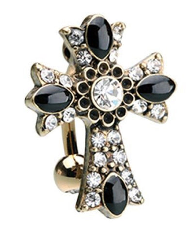 Body Accentz Belly Button Ring Navel Golden Antique Cross Drop Top Reverse 14g