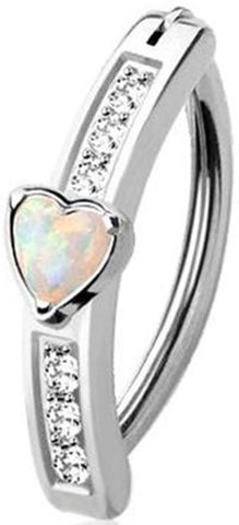 316L Surgical Steel Belly Ring with Opal Heart and CZ, 14GA, 3/8" Clicker Hoop, Silver/Clear
