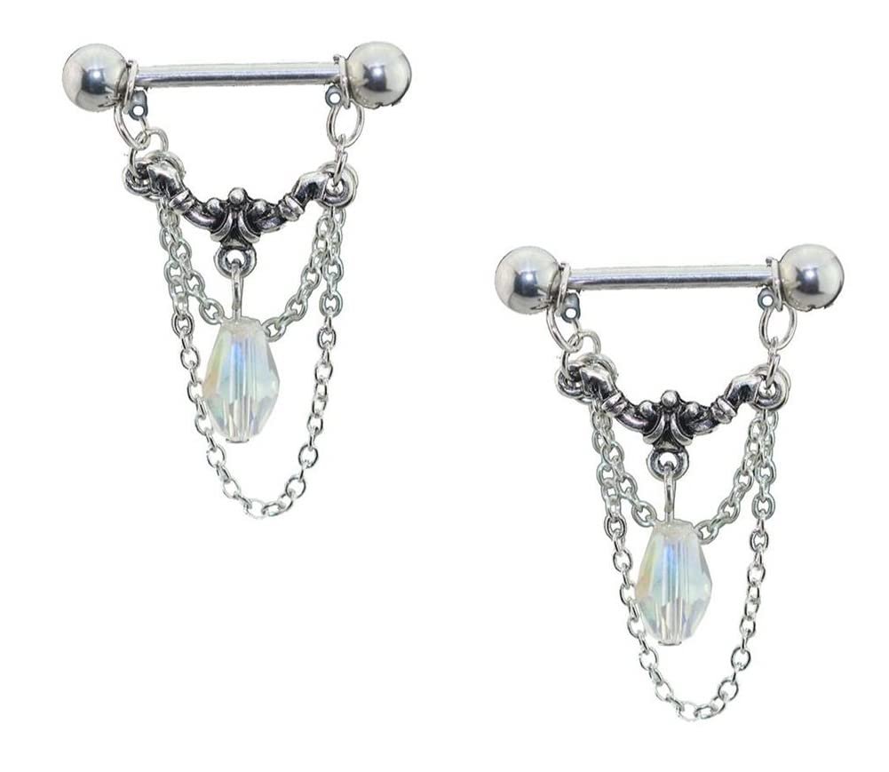 Body Accentz Nipple Ring 316L SURGICAL STEEL DANGLE WITH GEM AND CHAIN SHIELD