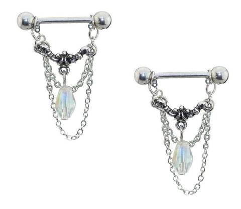 Body Accentz Nipple Ring 316L SURGICAL STEEL DANGLE WITH GEM AND CHAIN SHIELD