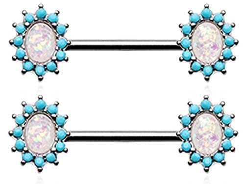 Body Accentz Nipple Bar Elegant Opal Turquoise Nipple Barbell Ring Sold as pair