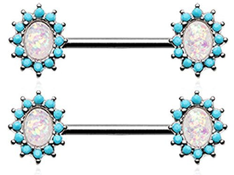 Body Accentz Nipple Bar Elegant Opal Turquoise Nipple Barbell Ring Sold as pair