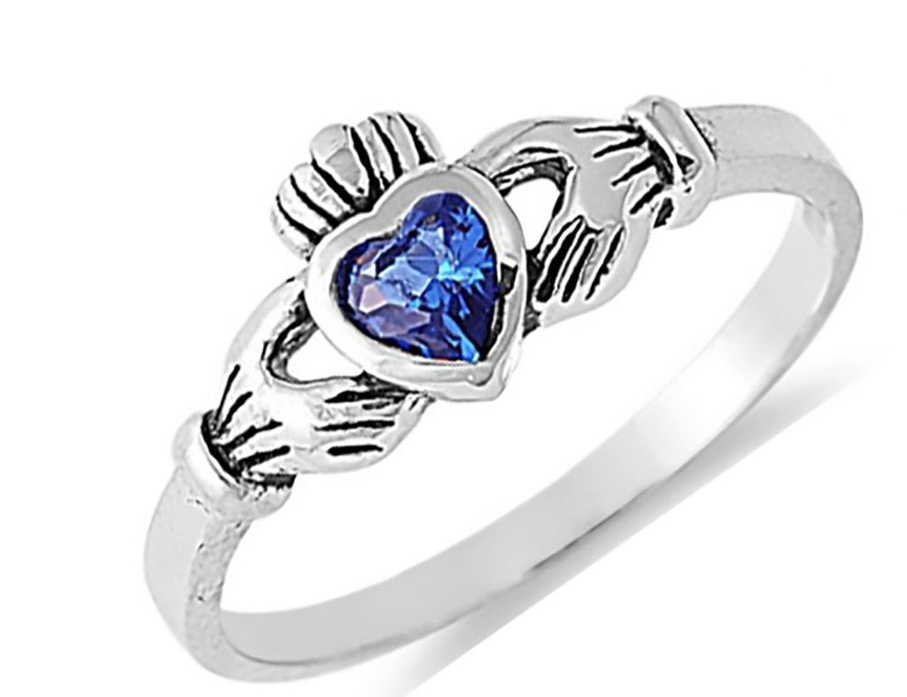 STERLING SILVER RING W/CZ Faux Sapphire Claddagh Pinky Ring