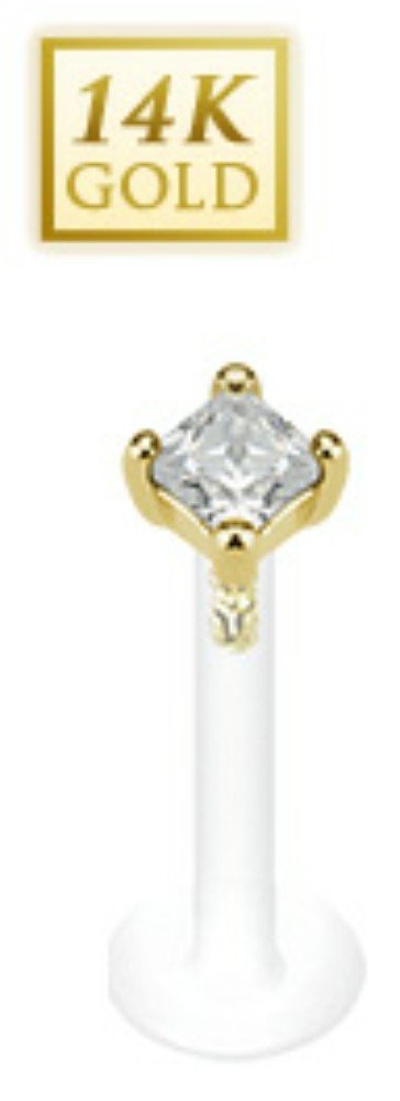 14 Karat Solid Yellow Gold Square Princess Cut Cz Prong Set Top Bio-flex Shaft Labret Monroe 16g 5/16" 2mm