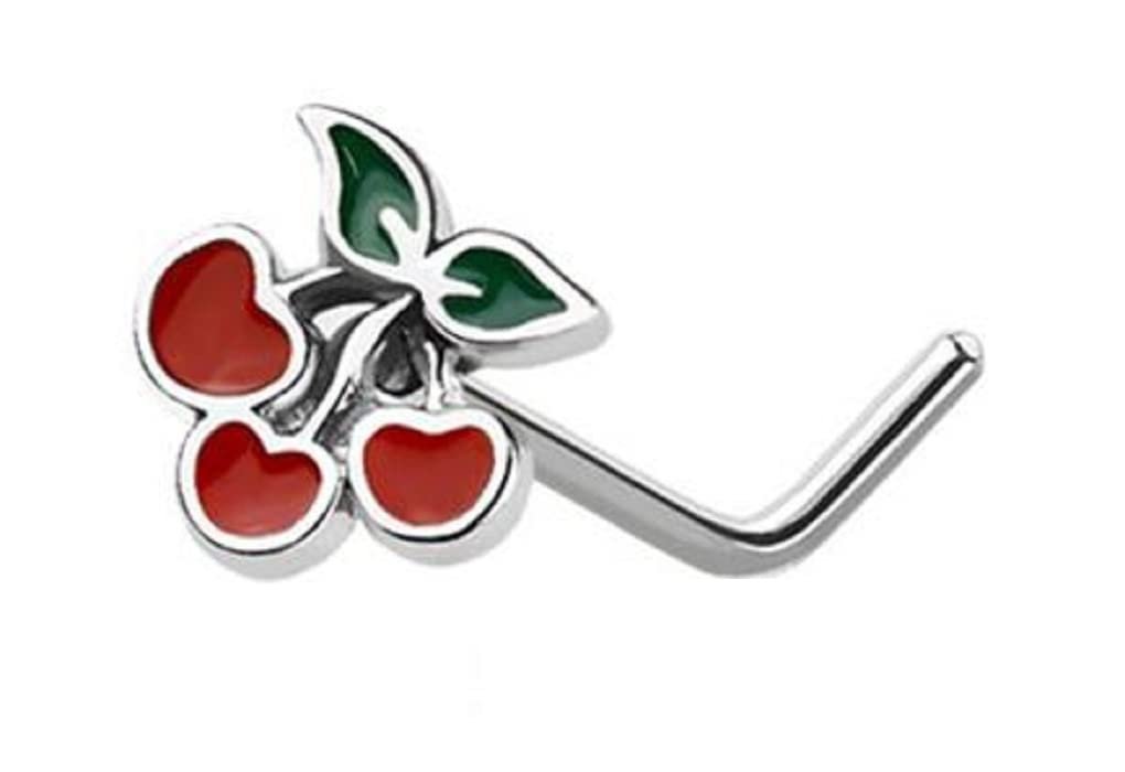 Body Accentz Nose Ring Stud Three Cherry top 316L Surgical Steel L bar