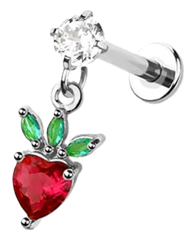 Body Accentz Strawberry Dangle Labret Stud, 316L Surgical Steel, Internally Threaded, 16GA 1.2mm, 5/16 Inch 8mm, Red and Green Crystal