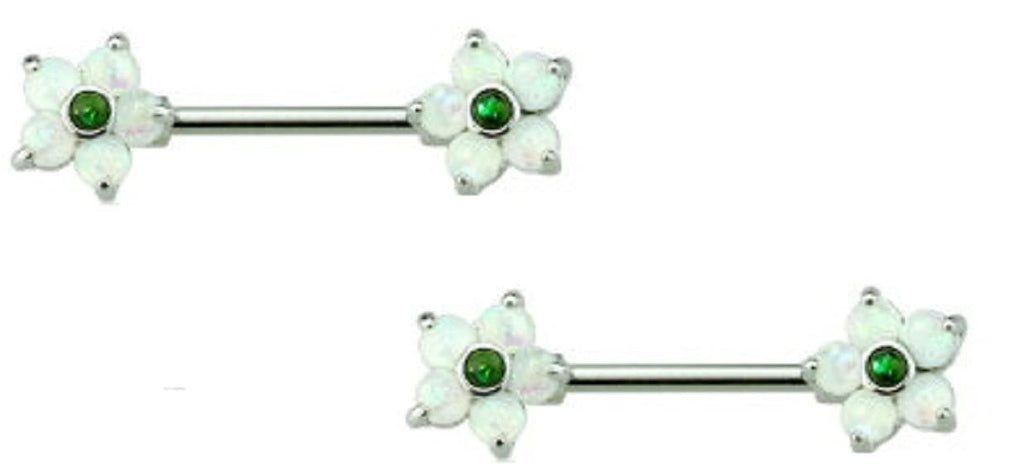 Body Accentz Nipple Ring Green & White Opal Prong Set Flower Ends 316L Surgical Steel Barbell Nipple Bar