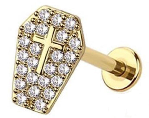 Body Accentz Crystal Cross Coffin Labret Stud, 18G Surgical Steel, 5/16 inch, Gold/Clear