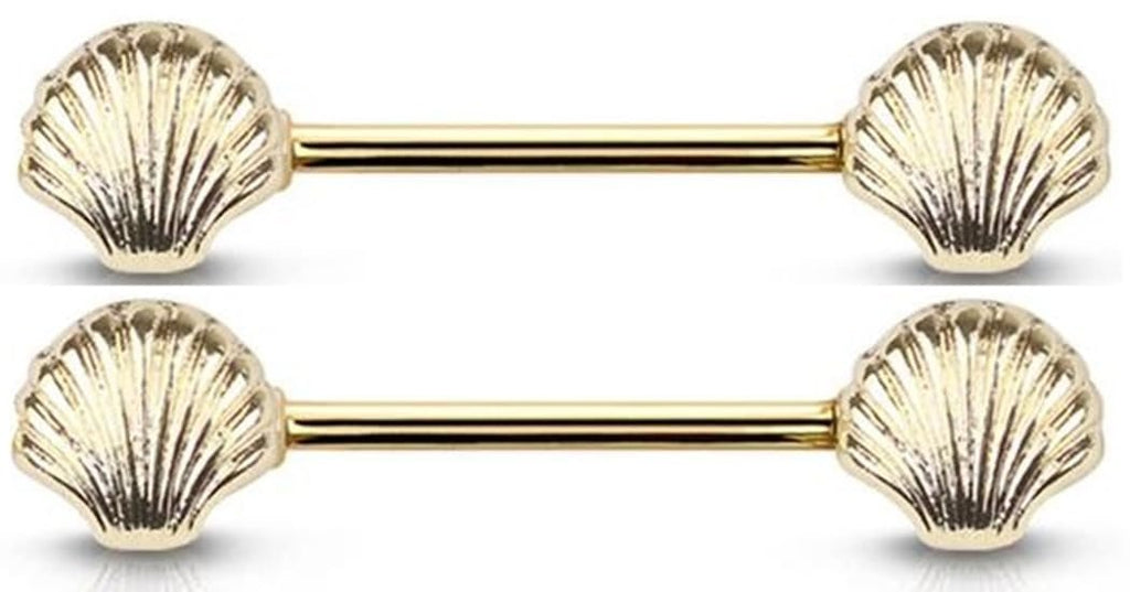 Body Accentz Surgical Steel Seashell Nipple Bar, 14GA, 9/16 inch Length, Gold