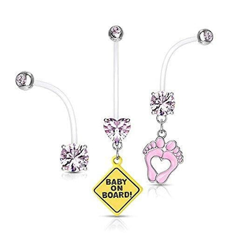 Body Accentz 3pc Pregnancy Maternity Belly Button Ring Feet Baby on Board CZ (Pink)